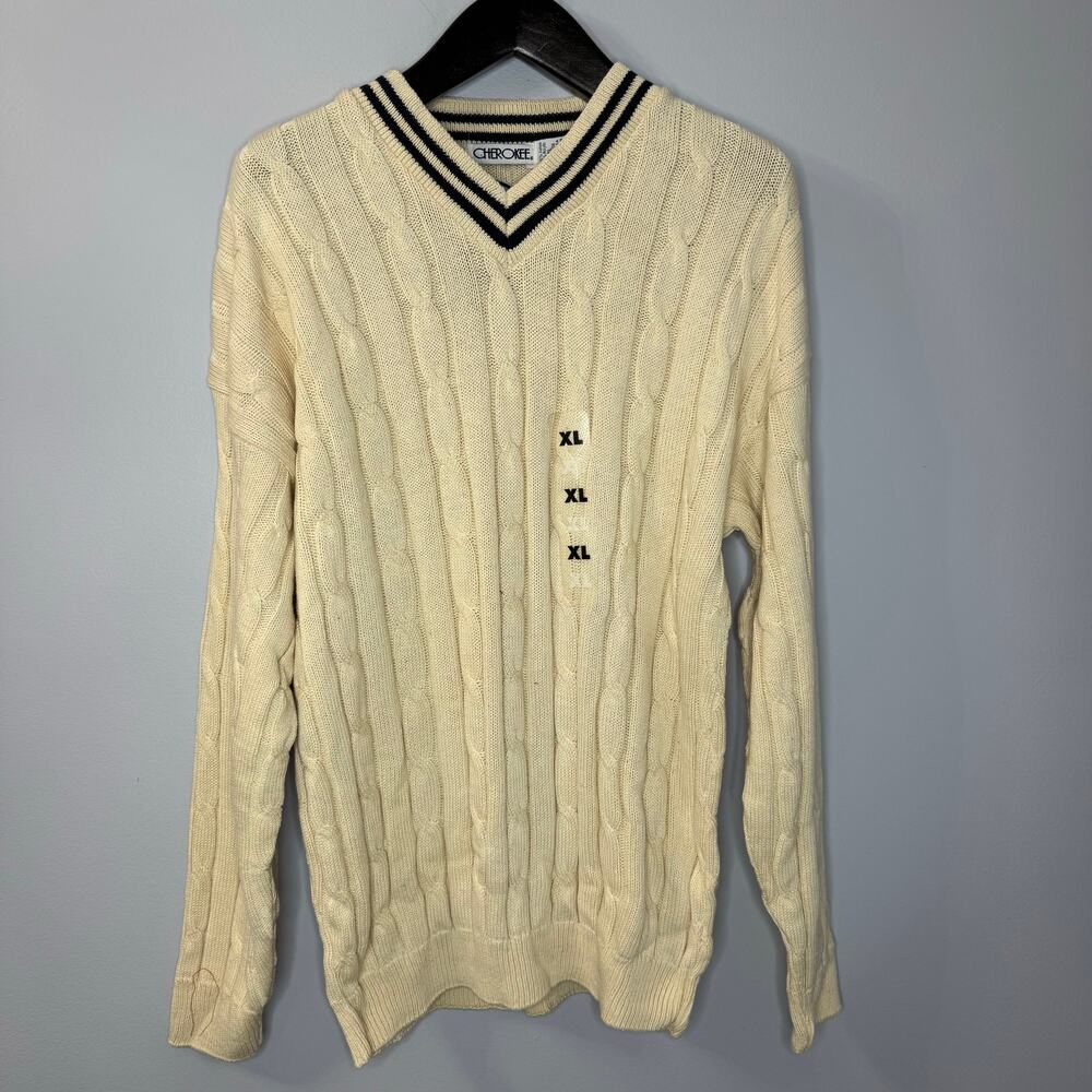 Cherokee Vintage Tennis V-Neck Cable Knit Sweater Cream Cotton Men's XL New